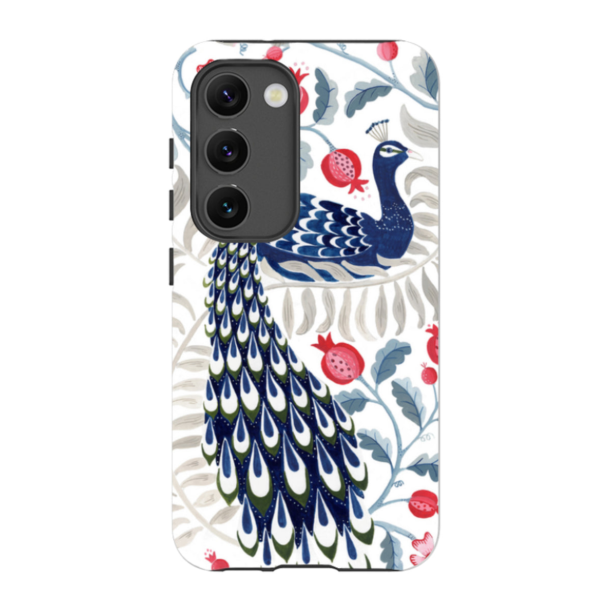 Samsung Tough Case featuring a blue peacock and red pomegranate art print on a white background with a black camera cutout.
