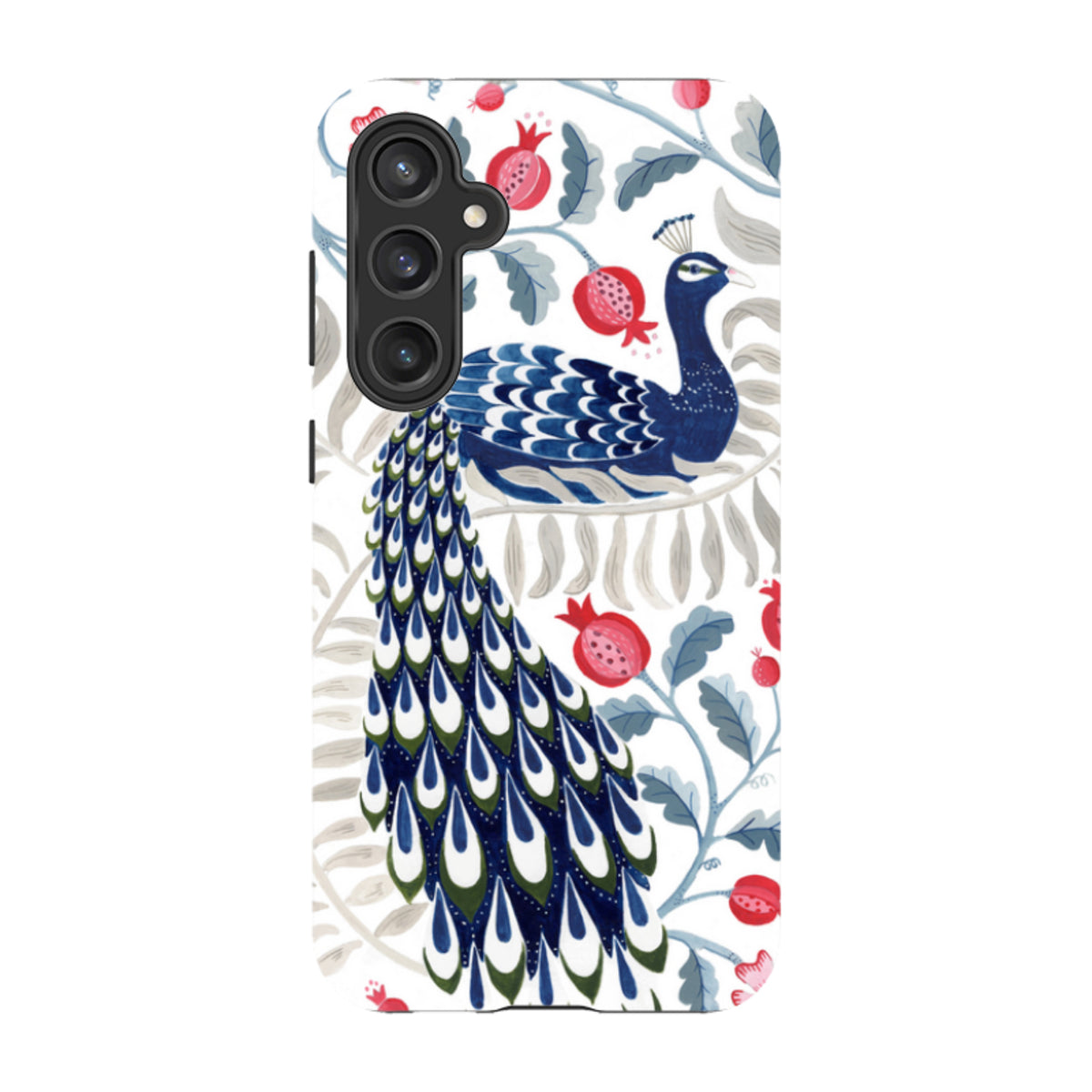 Samsung Tough Case featuring a vibrant blue peacock and pomegranate floral design on a white background.