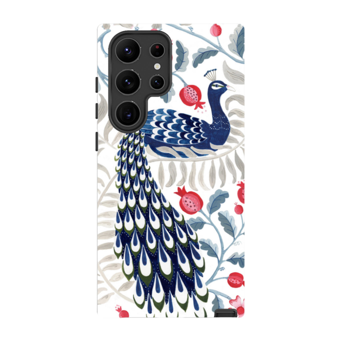 Samsung Tough Case featuring a blue peacock and red pomegranate art print on a white background with dual-layer protection.