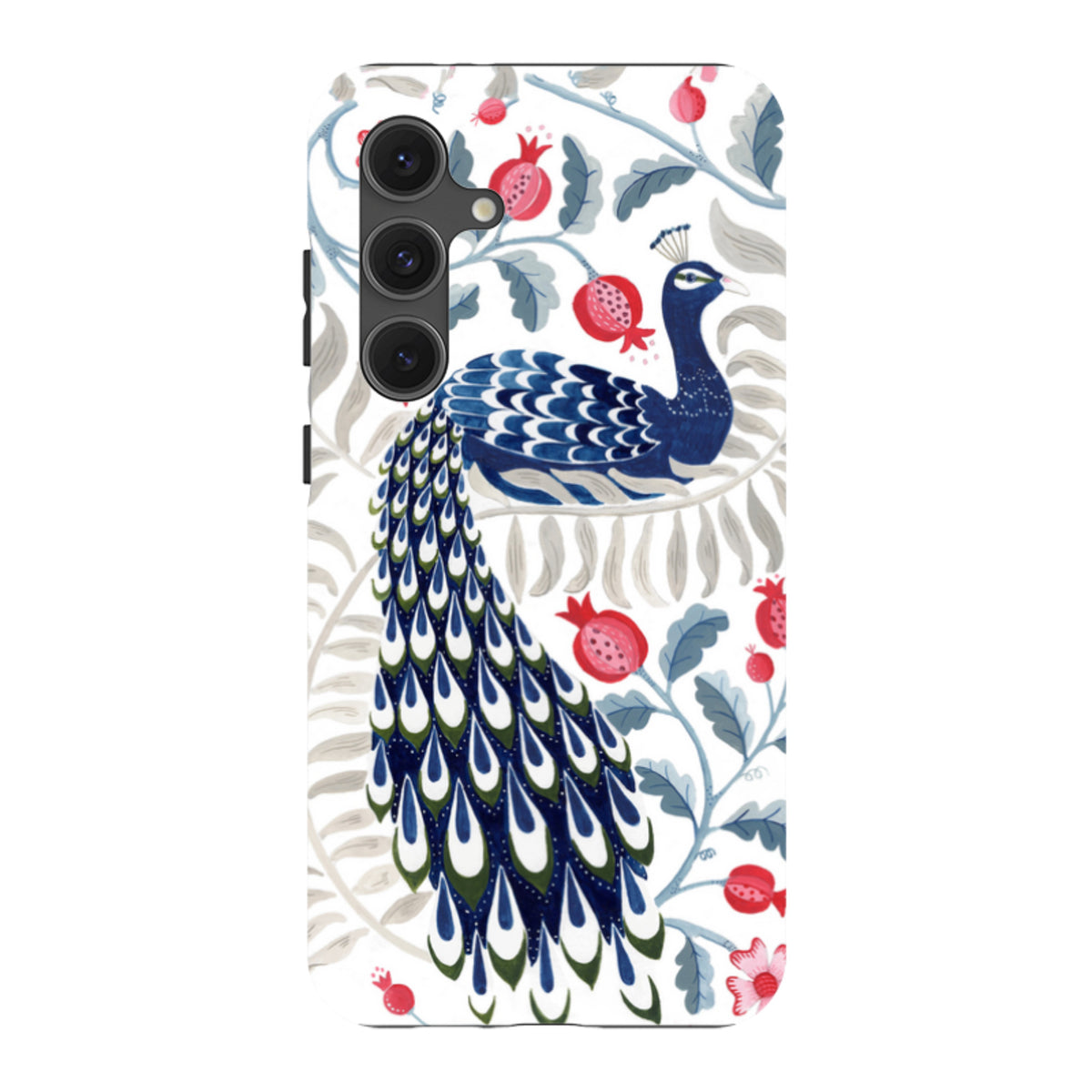 Samsung Tough Case featuring a vibrant blue peacock and red pomegranate floral art on a white background.