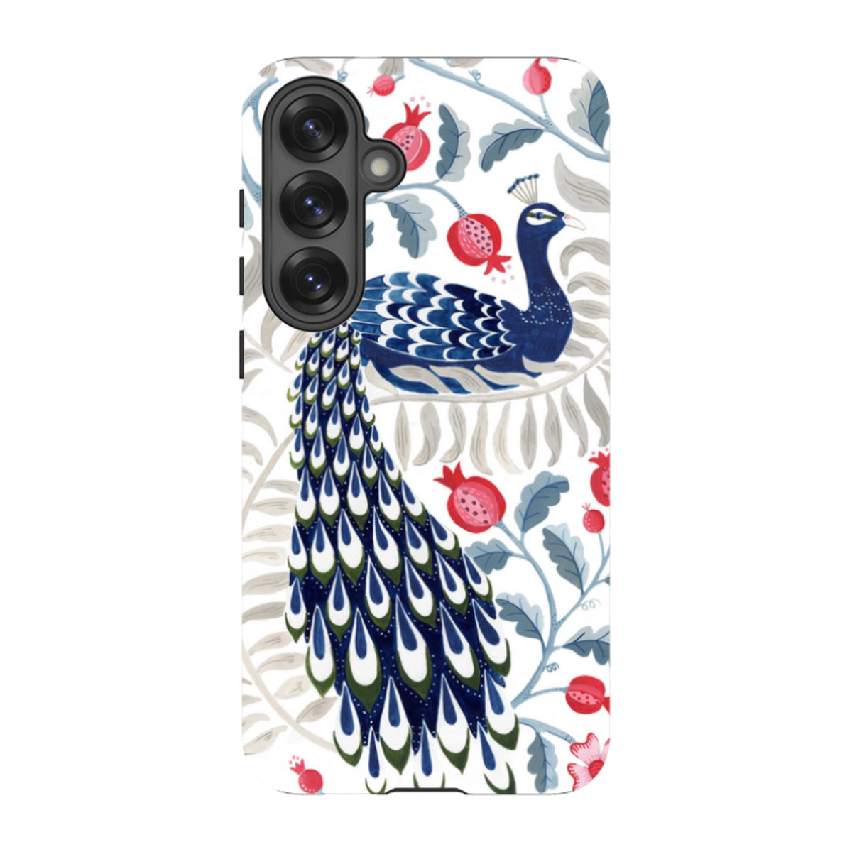 Samsung Tough Case featuring a blue peacock and red pomegranate art print on a white background with triple camera cutout.