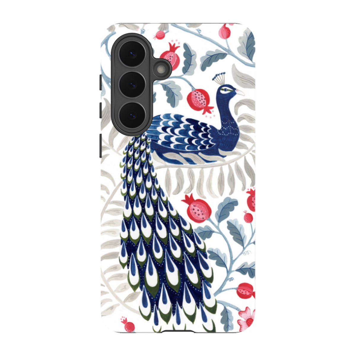Samsung Tough Case featuring a blue peacock and red pomegranate art print on a white background.