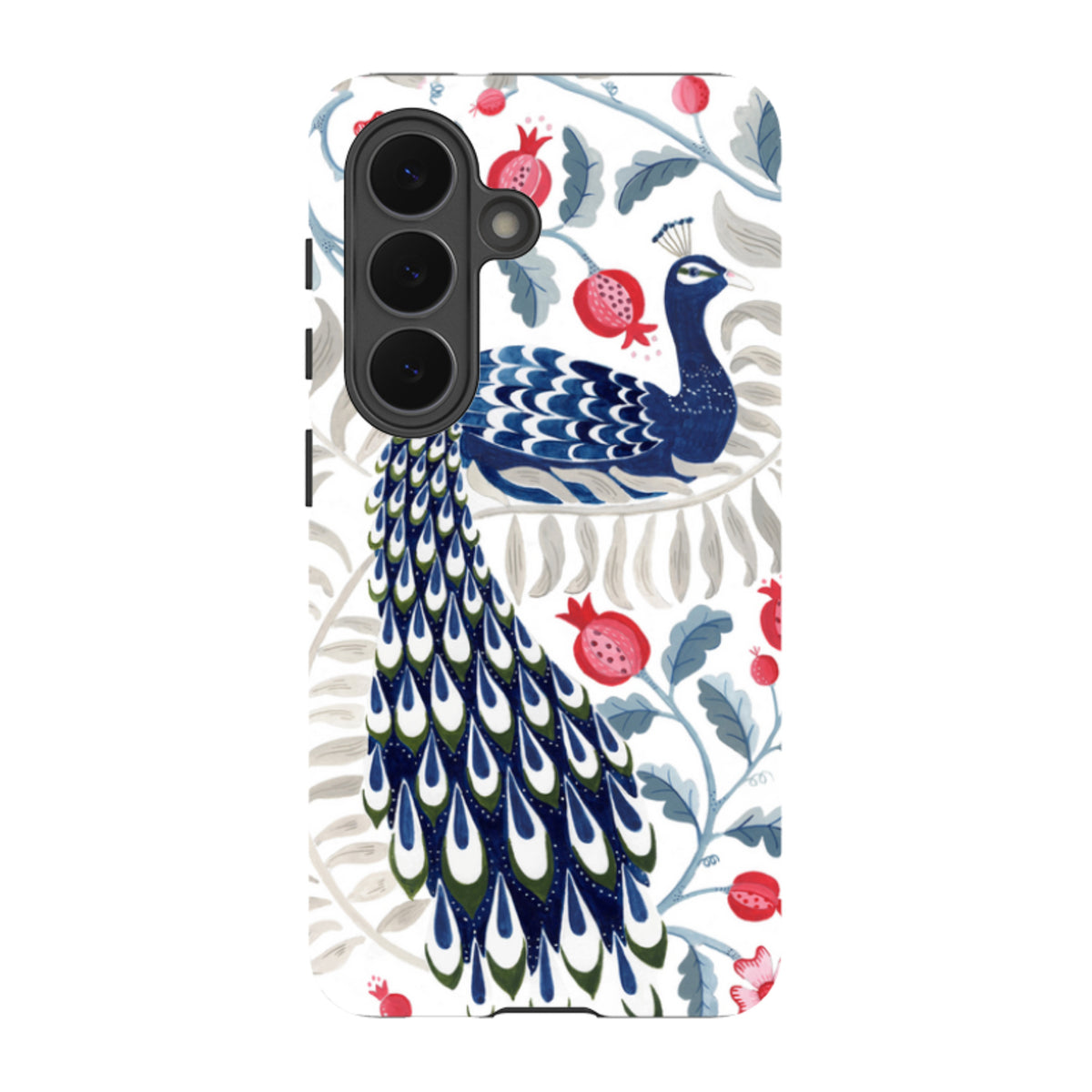 Samsung Tough Case featuring a vibrant blue peacock and red pomegranate floral art on a white background.