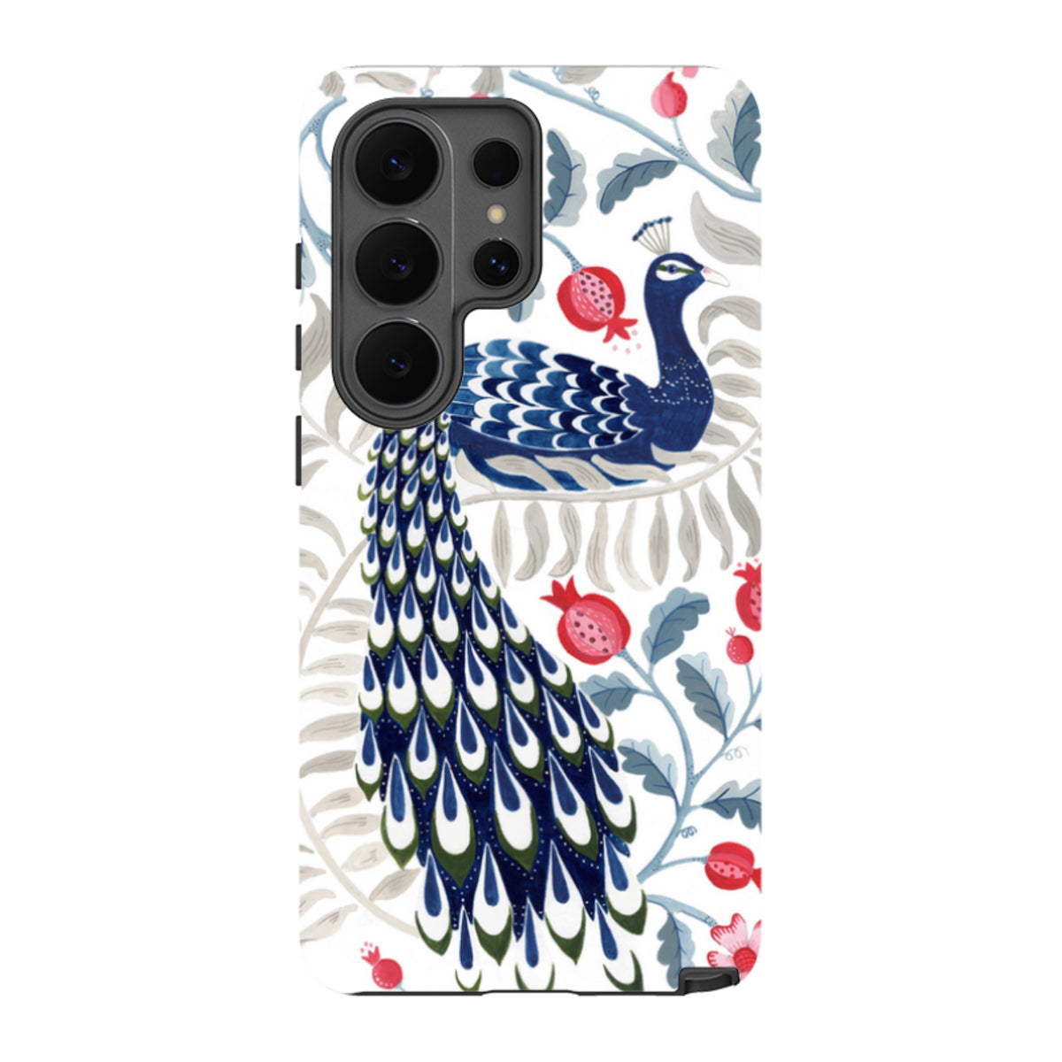 Samsung Galaxy tough case featuring a blue peacock and red pomegranate floral art print on a white background.
