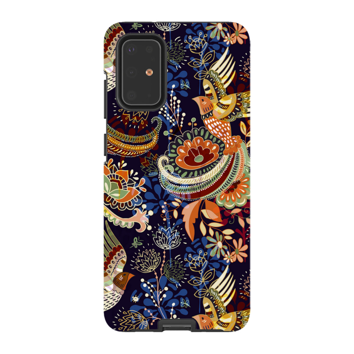 Samsung Tough Case in Peaslake design featuring colorful birds and floral patterns on a dark blue background.