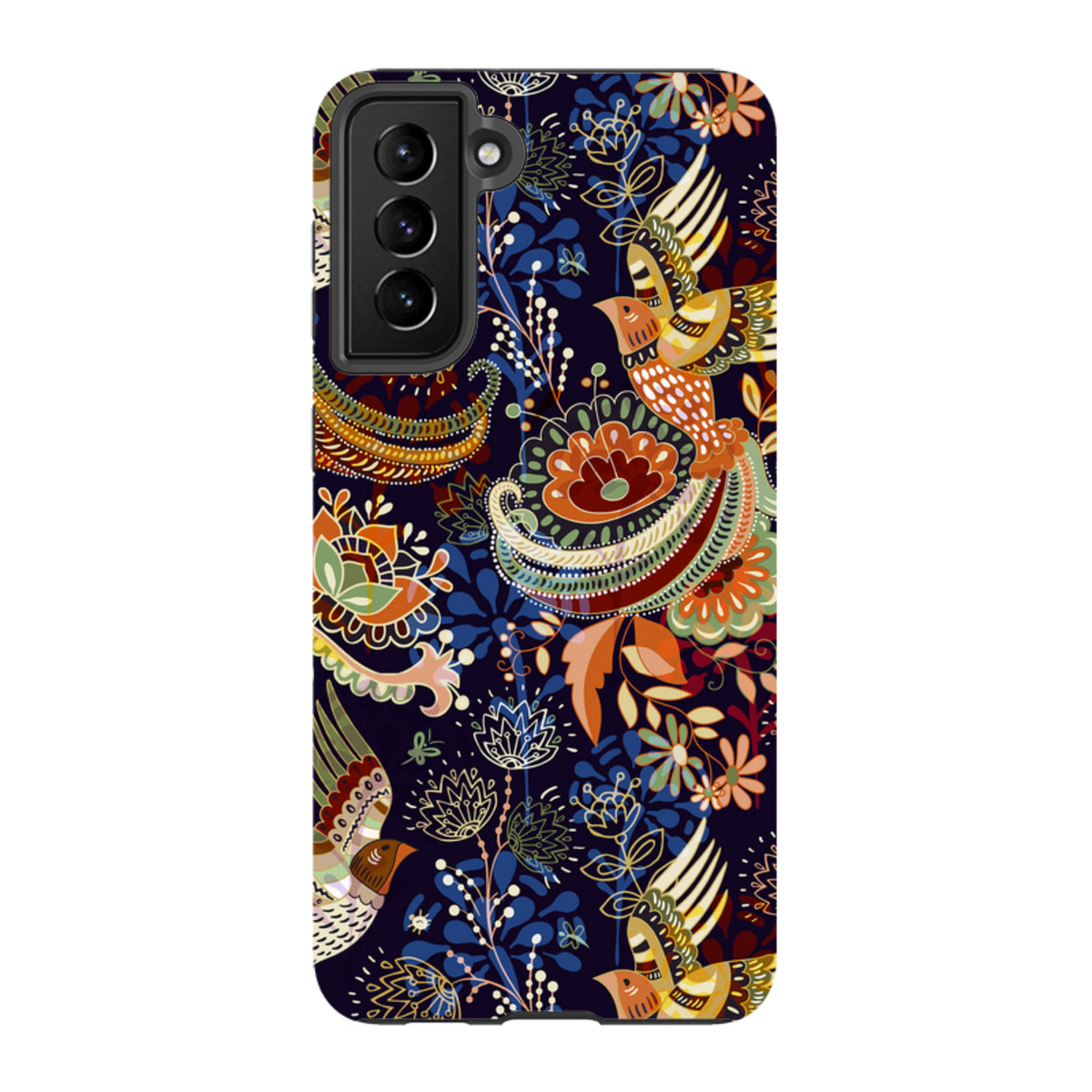Samsung Tough Case in Peaslake design featuring a dark blue floral and bird pattern with vibrant orange and gold accents.