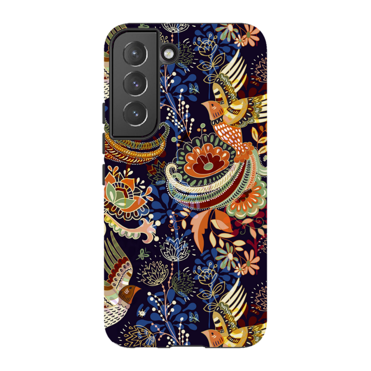 Samsung Tough Case featuring a vibrant, multi-colored bird and floral pattern on a dark navy background.