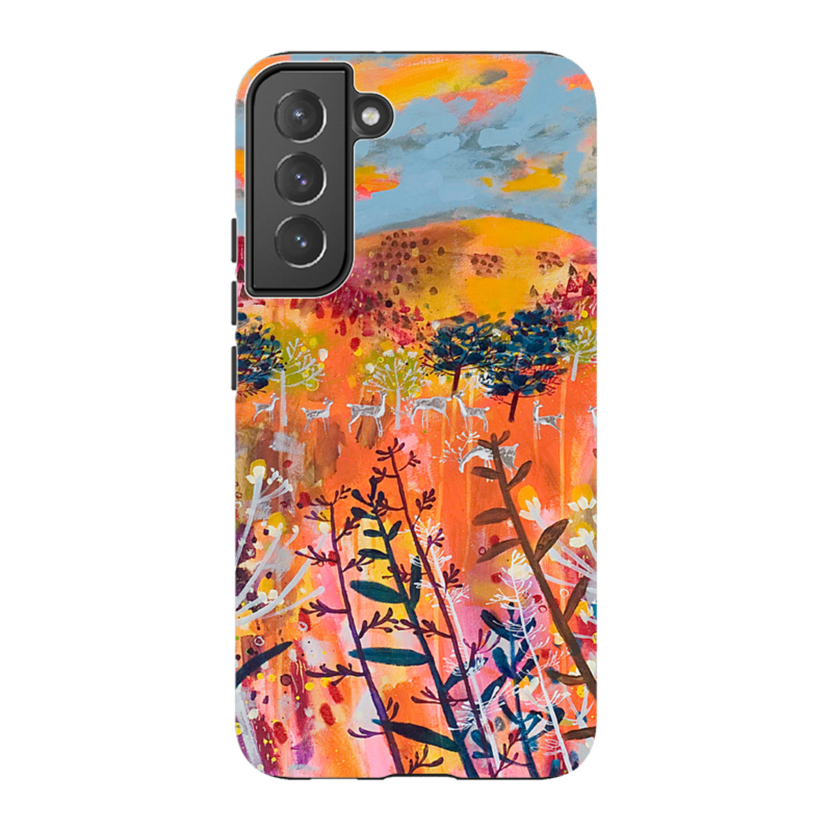 Samsung Tough Case featuring Claire West’s vibrant Perfect Day landscape art with dual-layer protection and camera cutouts.