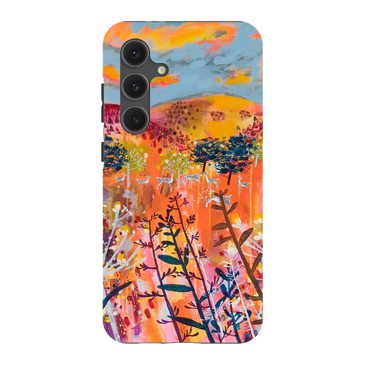 Samsung Tough Case featuring vibrant Perfect Day artwork with deer in a colorful landscape and dual-layer protection.