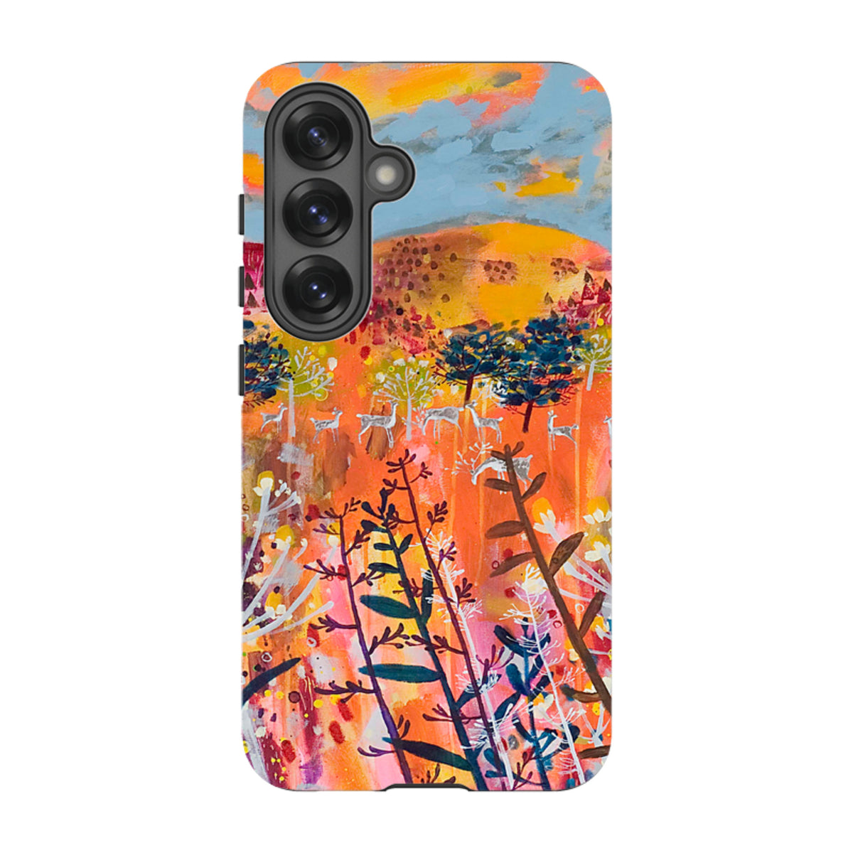 Samsung Tough Case featuring Claire West’s vibrant Perfect Day landscape art with deer in a colorful, dual-layer design.