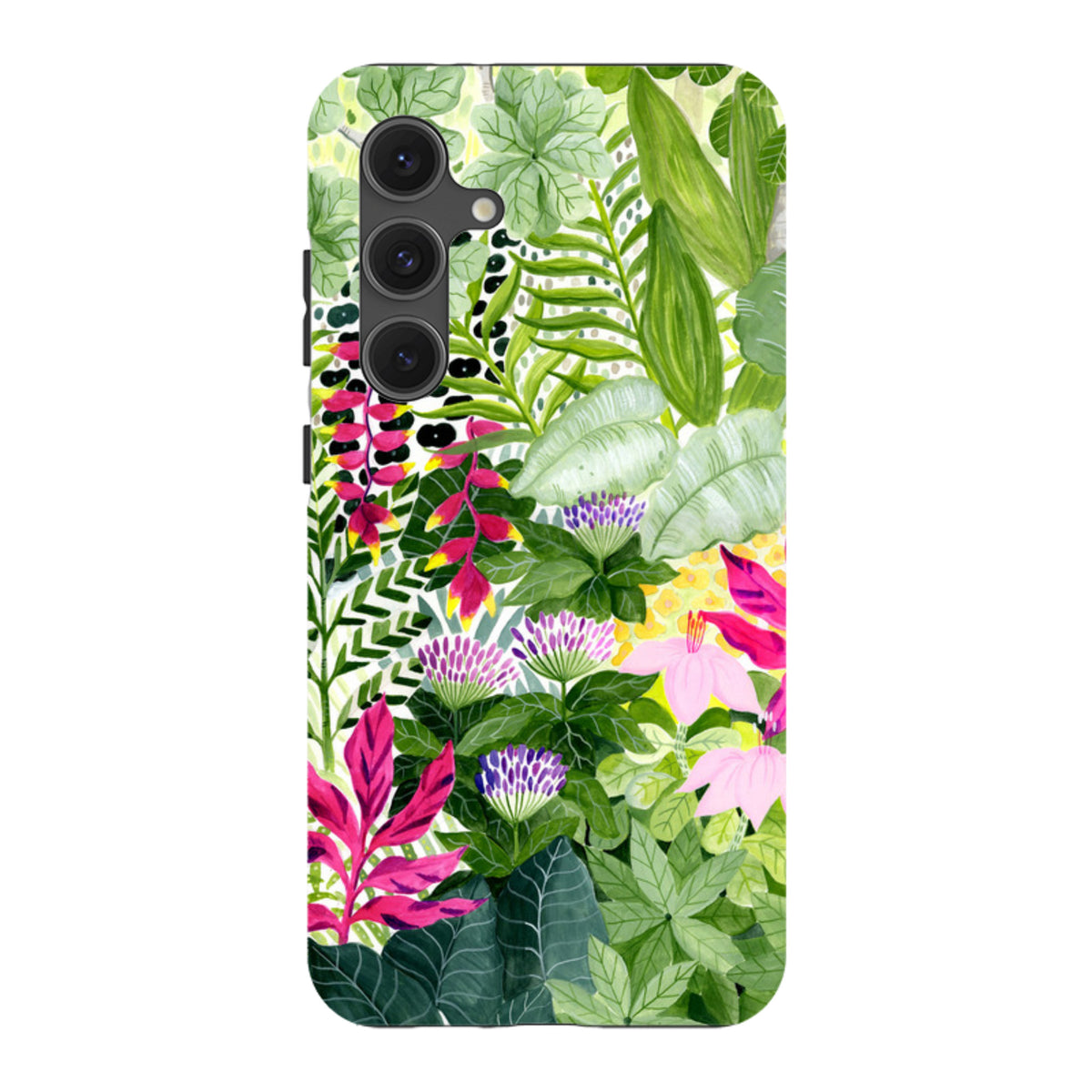 Samsung Tough Case featuring a vibrant botanical print with pink flowers and green tropical leaves on a durable phone cover.
