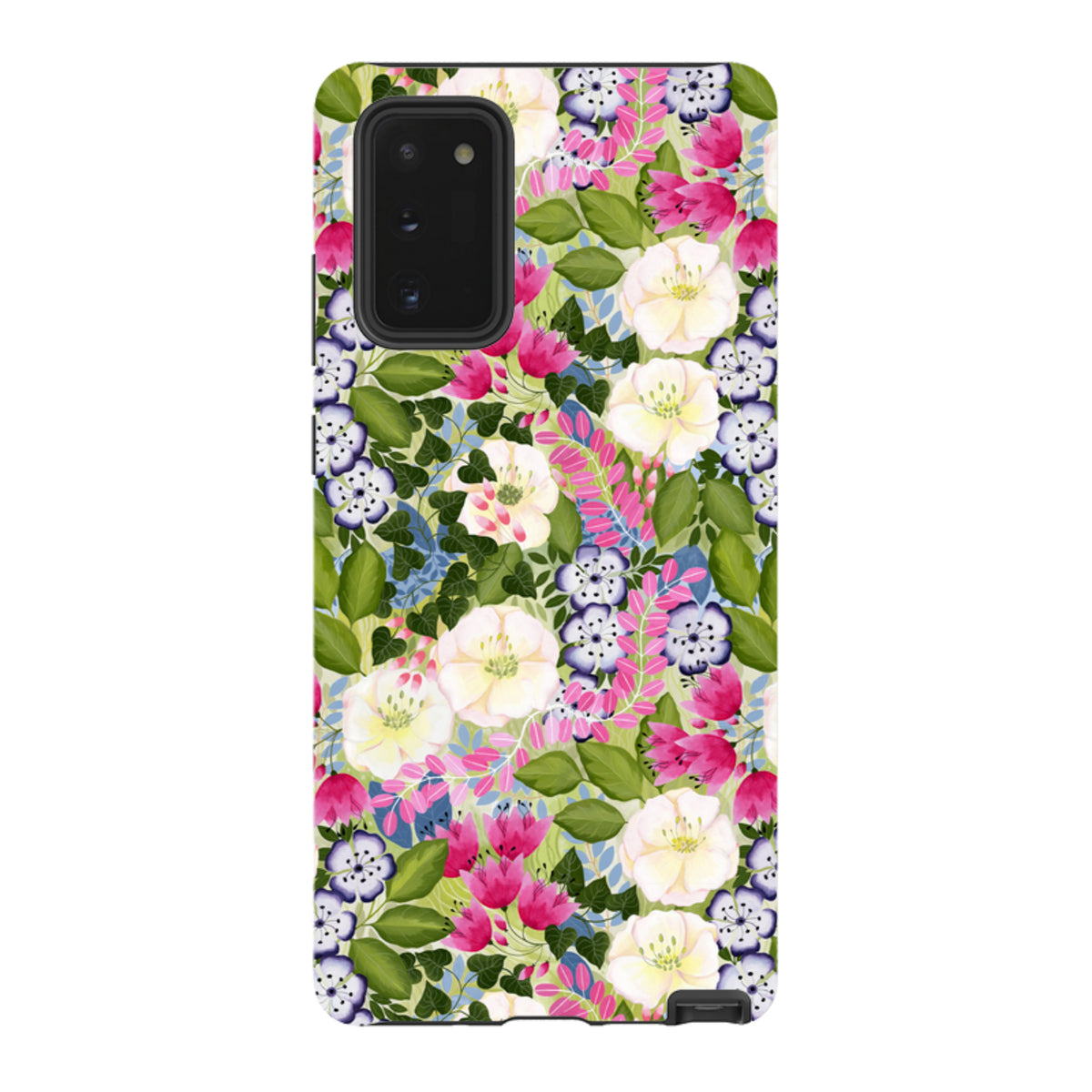 Samsung Tough Case featuring a vibrant pink and white floral pattern by Bex Parkin with a protective dual-layer design.