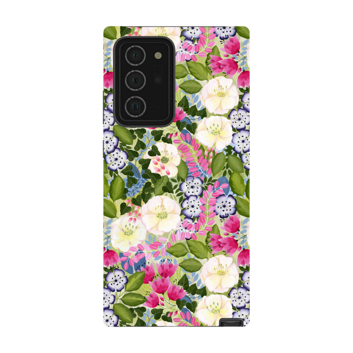 Samsung Tough Case featuring a vibrant floral pattern with pink and white flowers and green leaves on a Samsung phone.