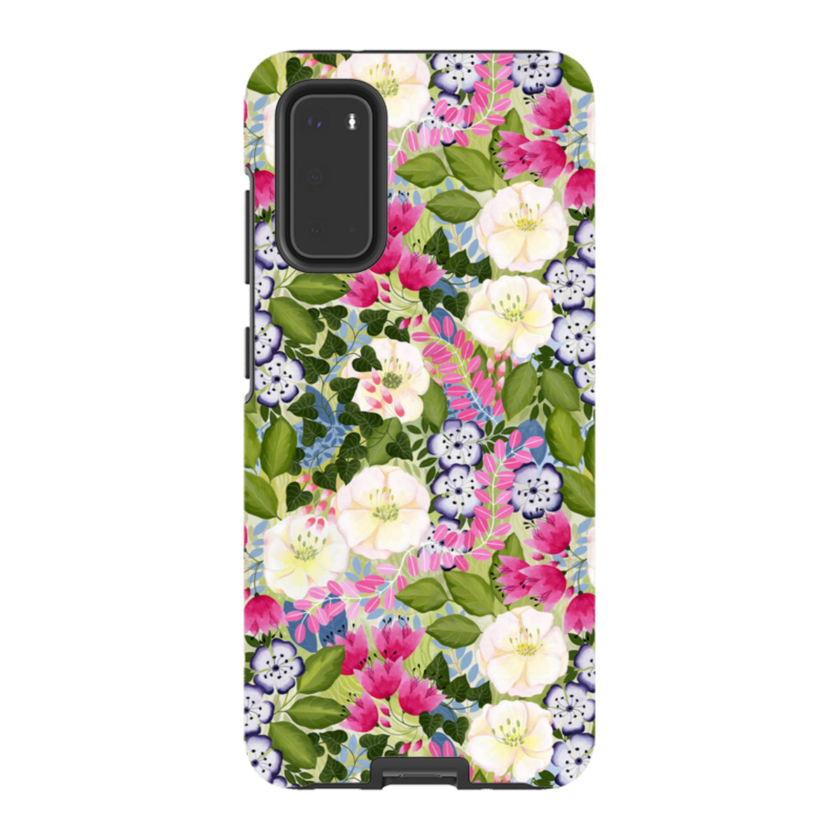Samsung Tough Case featuring a vibrant pink and white floral pattern by Bex Parkin on a durable dual-layer phone cover.
