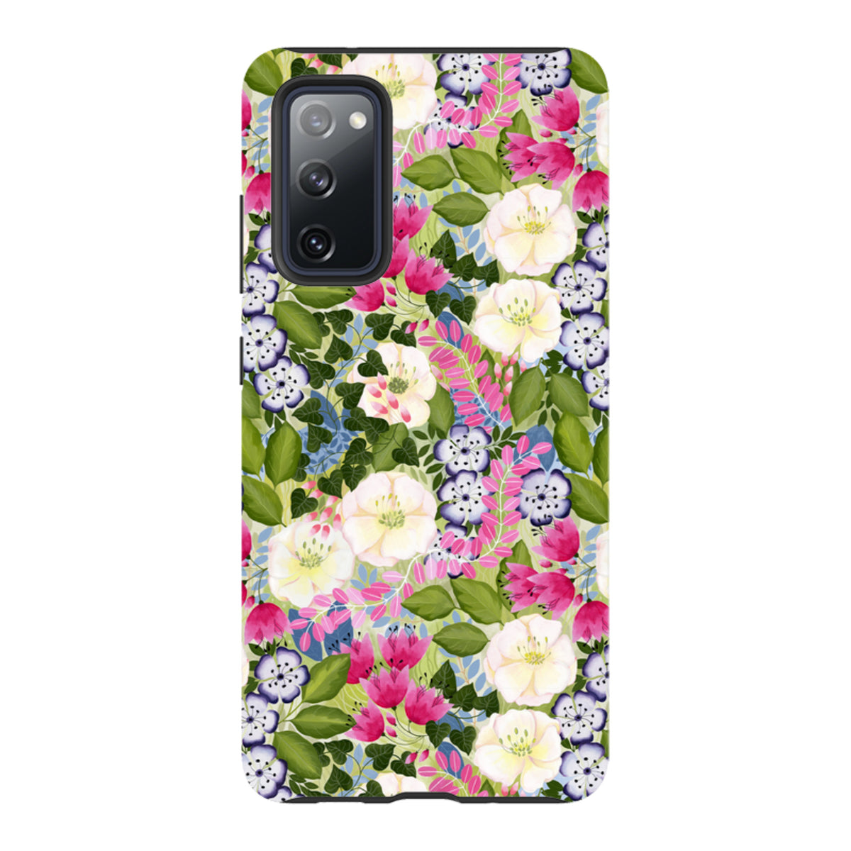 Samsung Galaxy tough case featuring a vibrant pink, white, and purple floral pattern by Bex Parkin on a dual-layer shell.