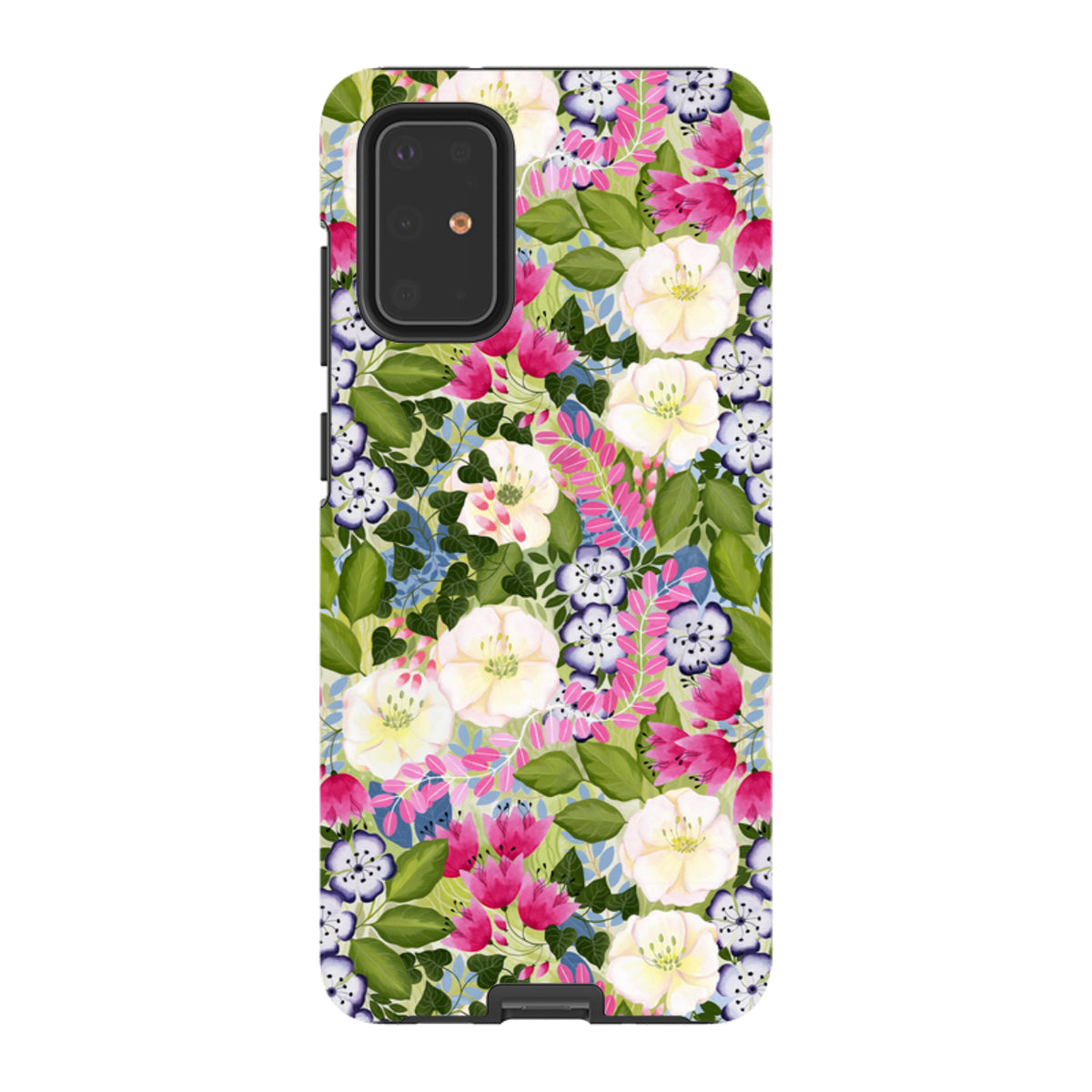 Samsung Galaxy tough case featuring a vibrant pink and white floral pattern with green foliage by Bex Parkin.