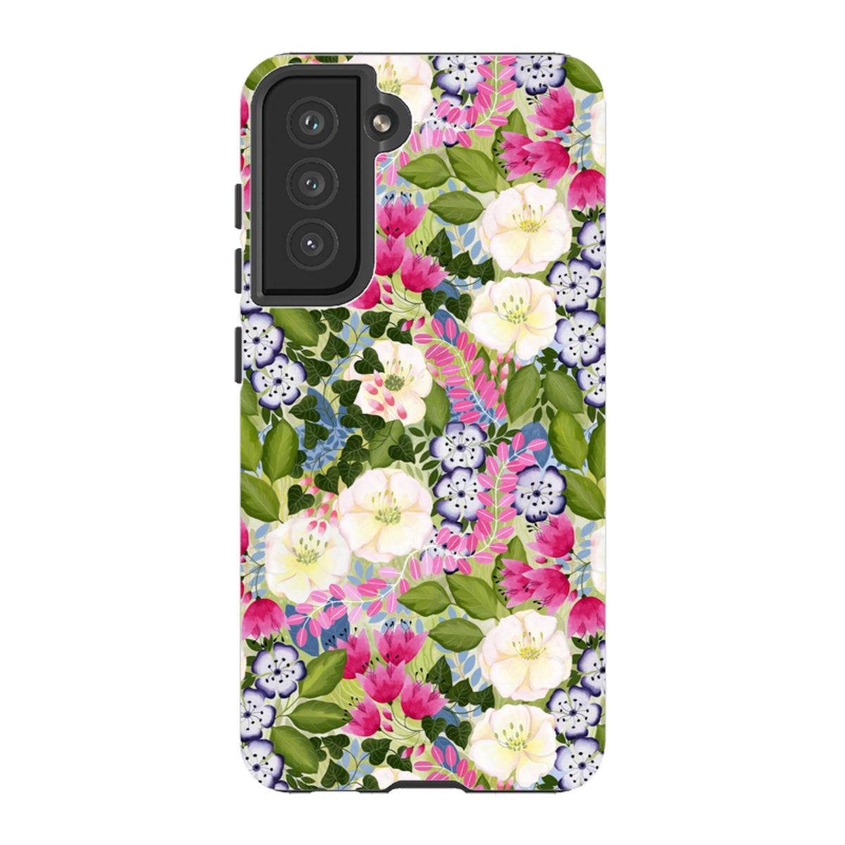 Samsung Tough Case featuring a vibrant floral pattern with pink, white, and purple flowers on a green leafy background.
