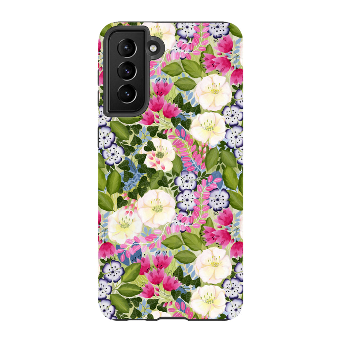 Samsung Tough Case featuring a vibrant pink and white floral pattern by Bex Parkin with a durable dual-layer design.