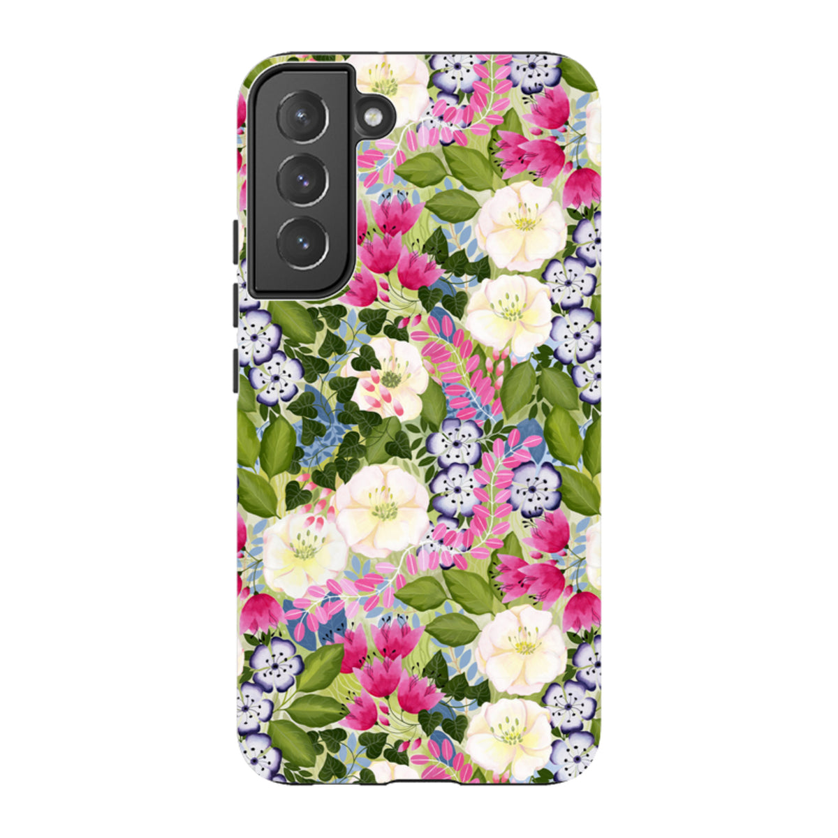Samsung Galaxy tough case featuring a vibrant floral pattern with pink, white, and purple flowers on green foliage.