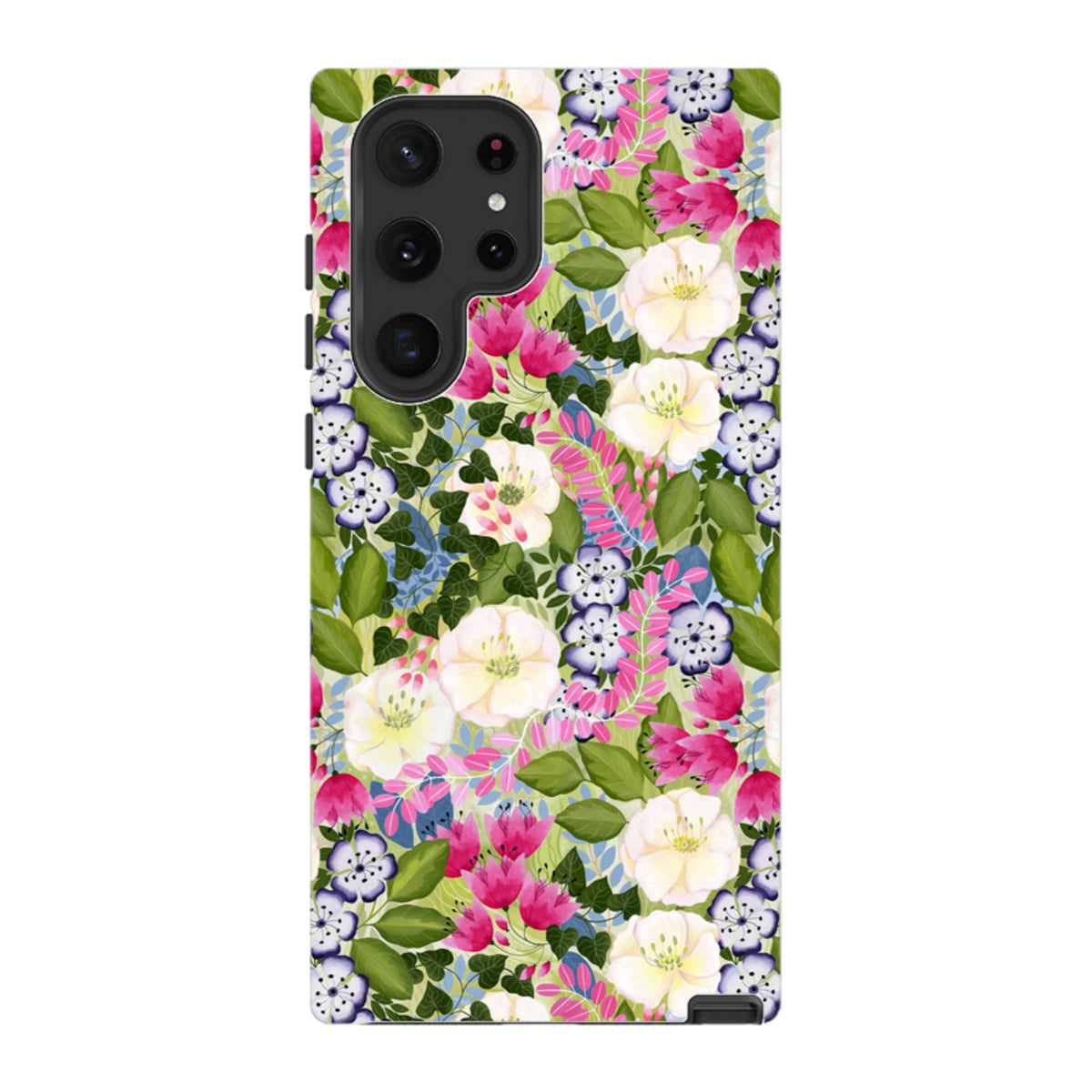 Samsung Galaxy tough case featuring a vibrant pink, white, and purple floral pattern by Bex Parkin on a dual-layer shell.