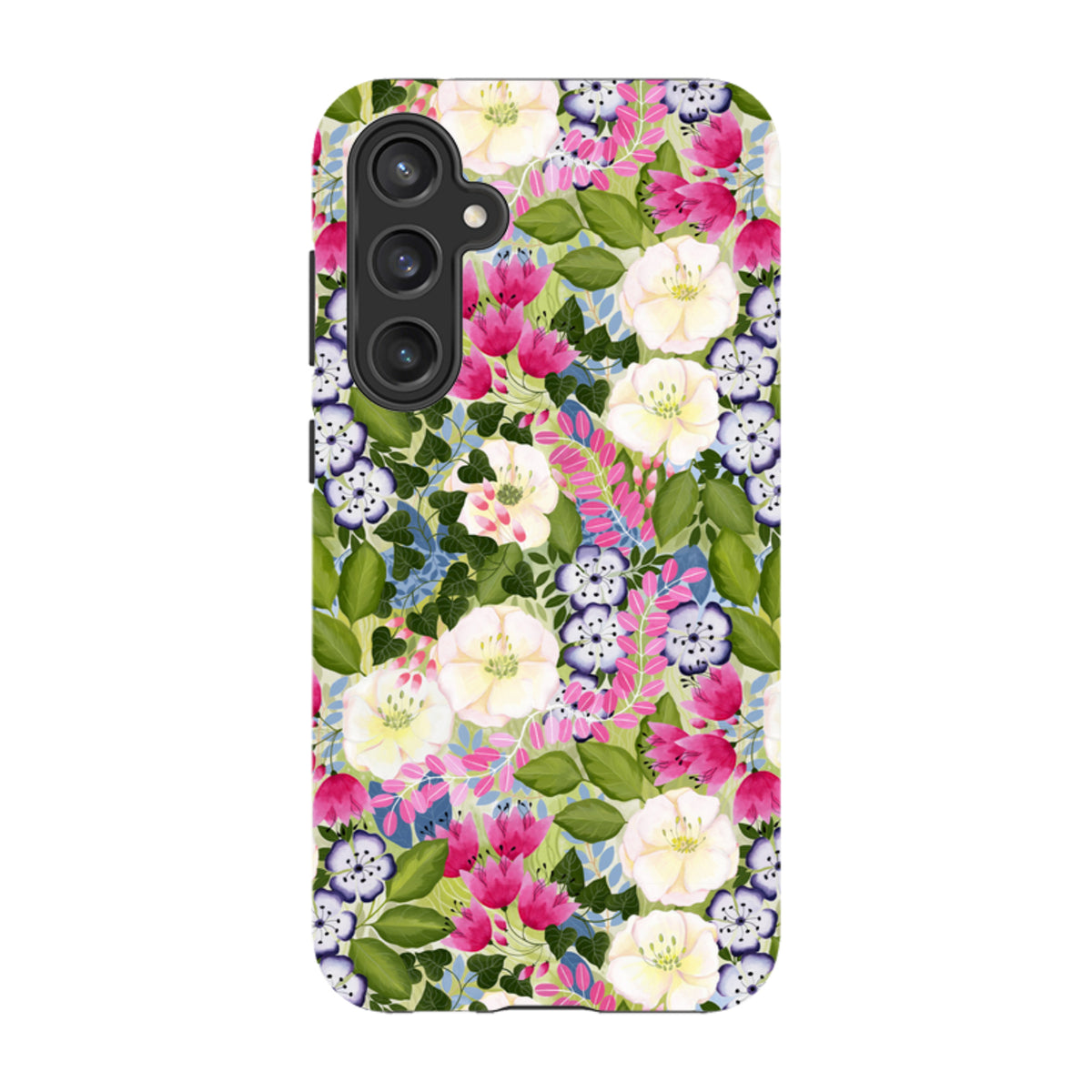 Samsung Tough Case featuring a vibrant floral pattern with pink and white flowers on a green leafy background.