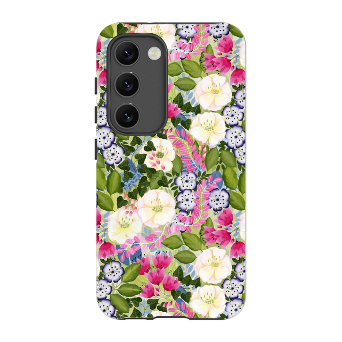 Samsung Tough Case featuring a vibrant floral pattern with pink, white, and purple flowers on a green leafy background.