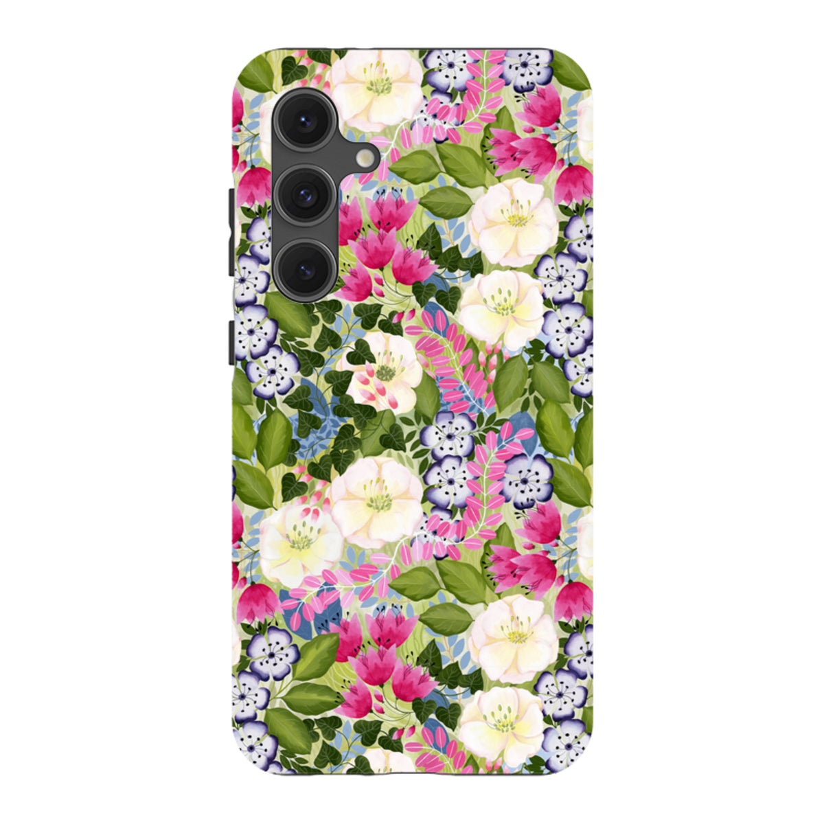 Samsung Tough Case featuring a vibrant floral pattern with pink, white, and purple flowers on a green leafy background.