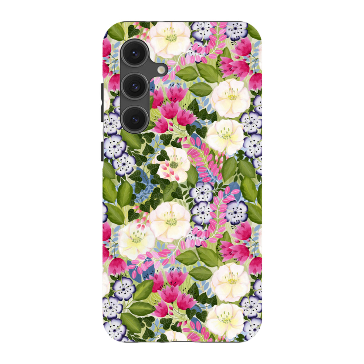 Samsung Tough Case featuring a vibrant pink and white floral pattern by Bex Parkin with a protective dual-layer design.
