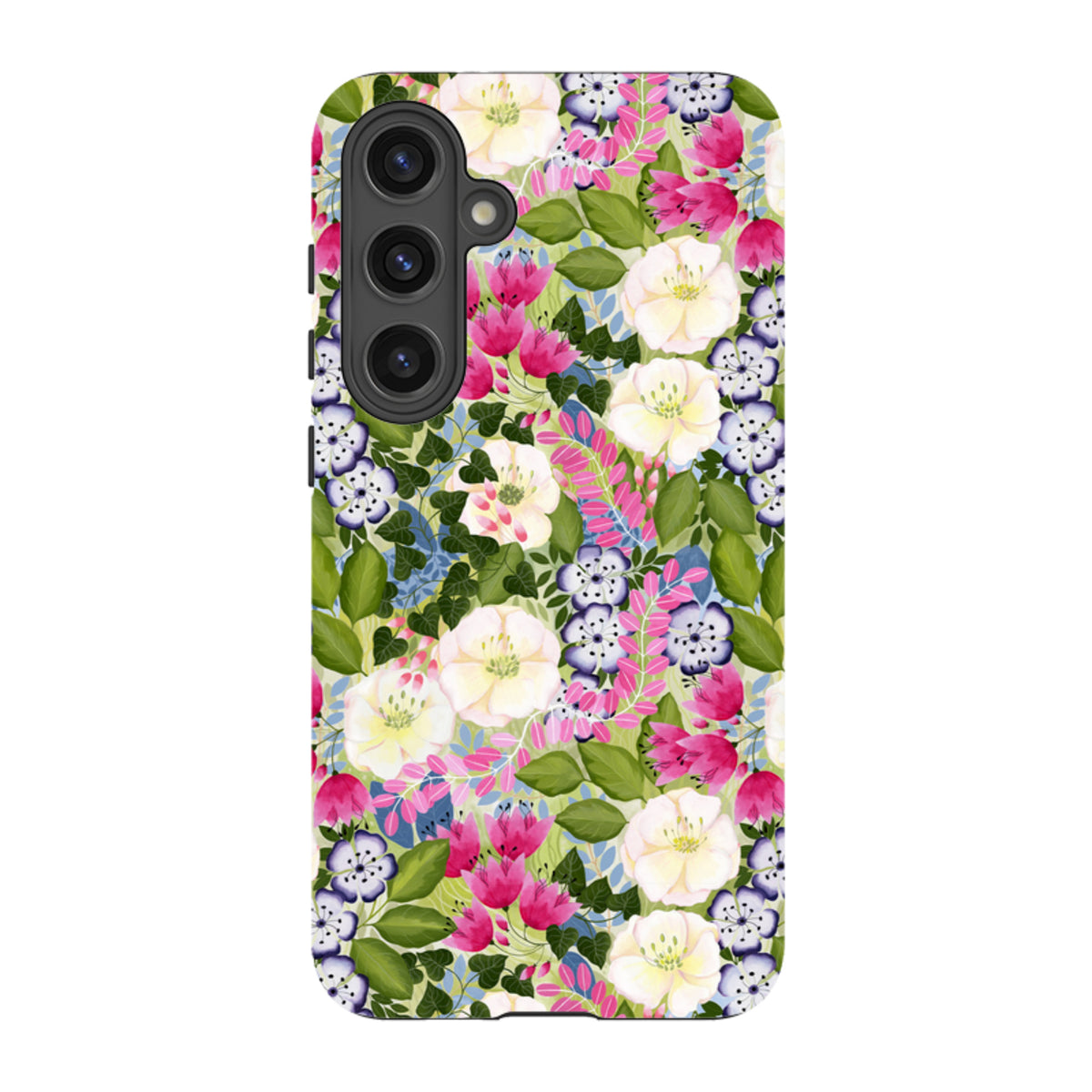 Samsung Tough Case featuring a vibrant pink, white, and purple floral pattern by Bex Parkin with a triple-lens camera cutout.