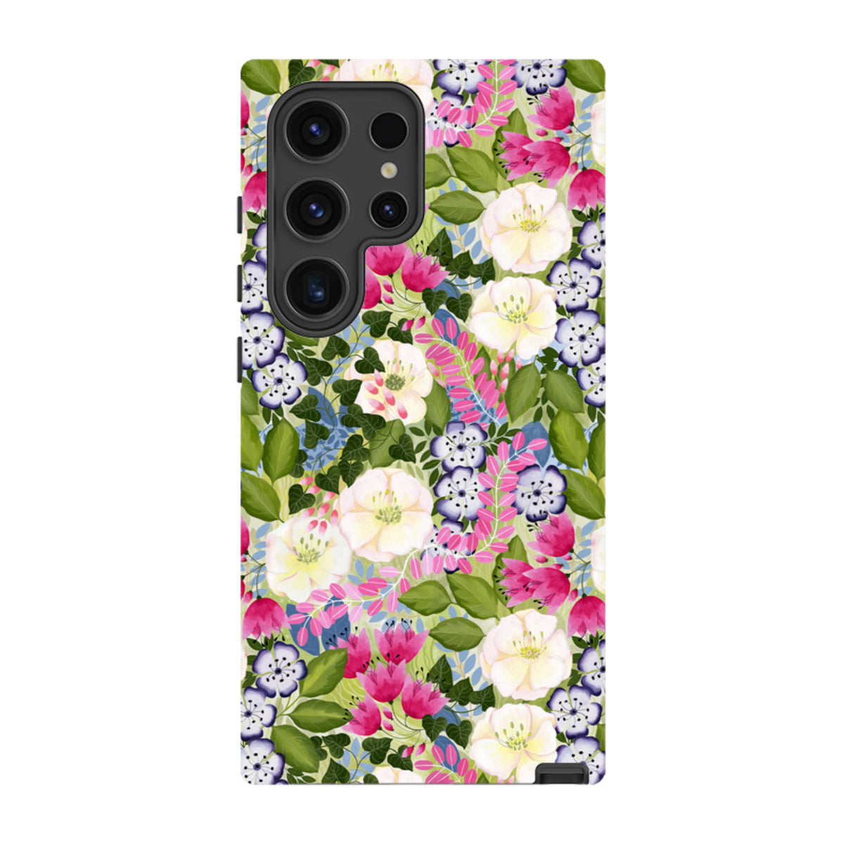Samsung Tough Case featuring a vibrant pink and white floral pattern by Bex Parkin with a protective dual-layer design.
