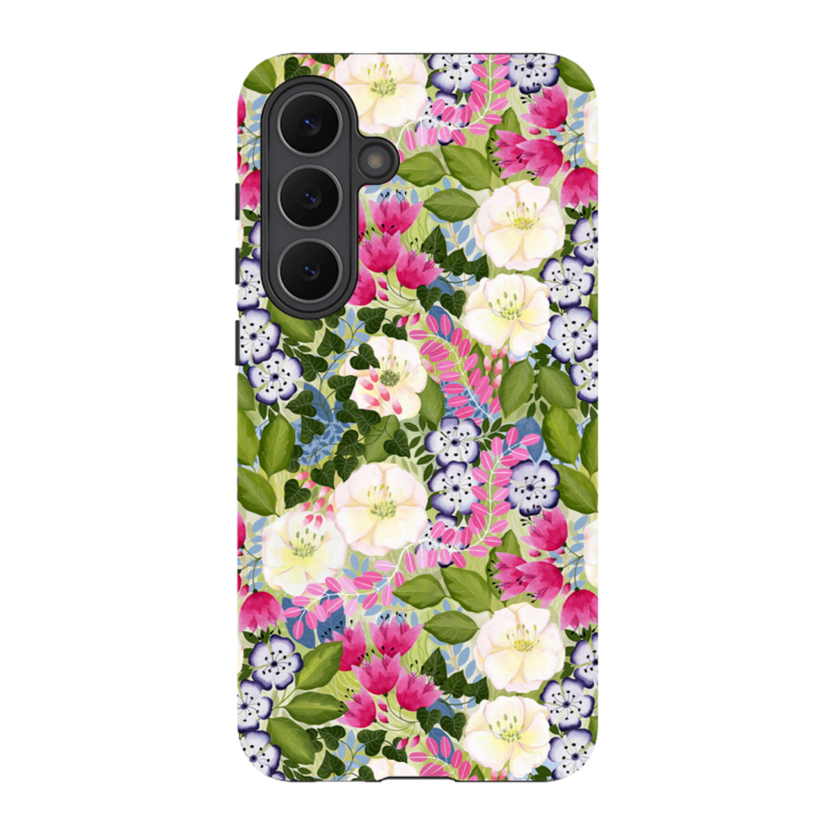 Samsung Tough Case featuring a vibrant pink, white, and purple floral pattern by Bex Parkin on a dual-layer phone cover.