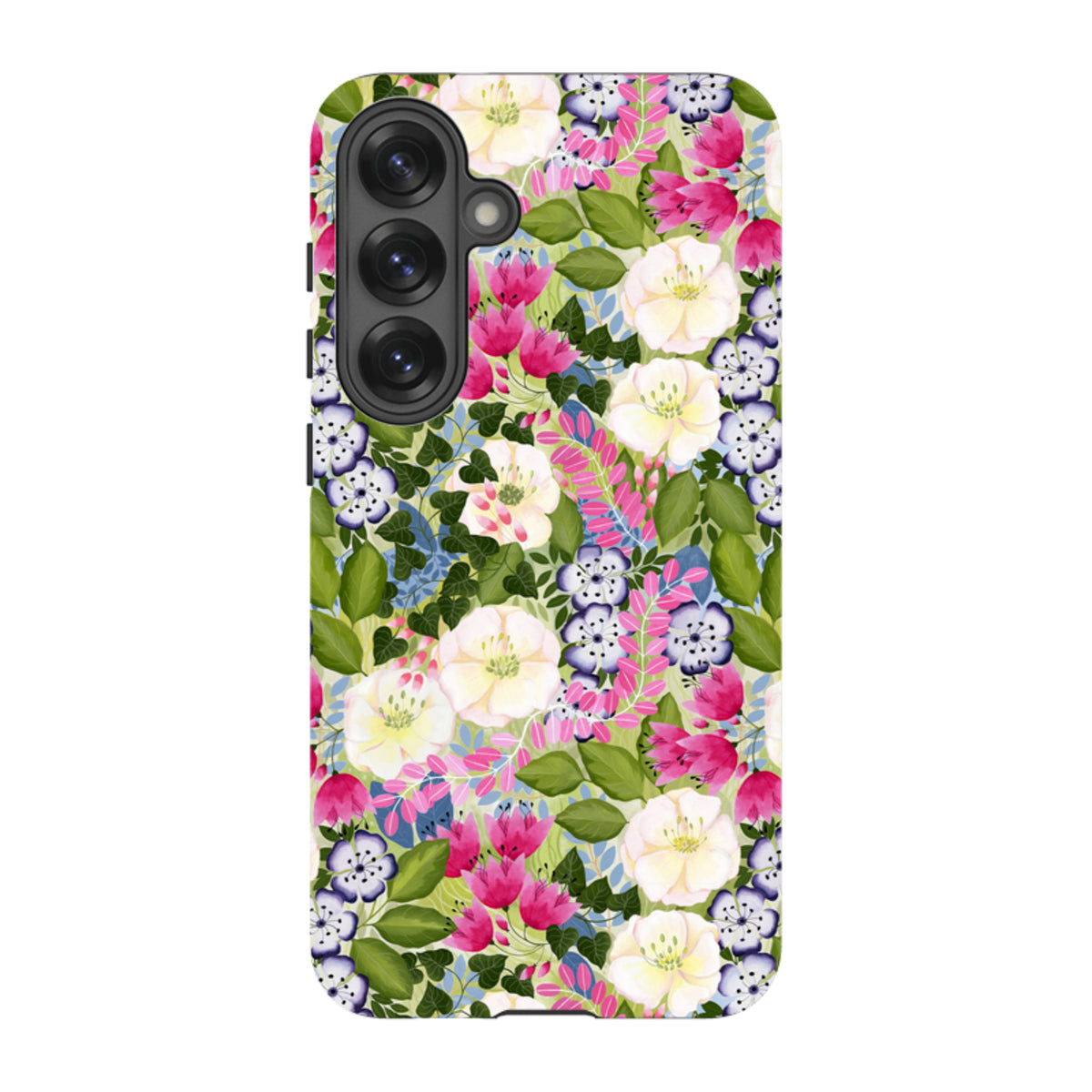 Samsung Tough Case featuring a vibrant floral pattern with pink, white, and purple flowers on a green leafy background.