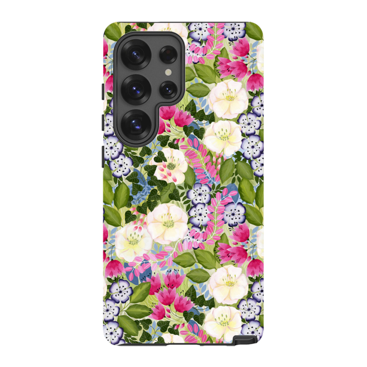 Samsung Tough Case featuring a vibrant pink and white floral pattern by Bex Parkin with a protective dual-layer design.