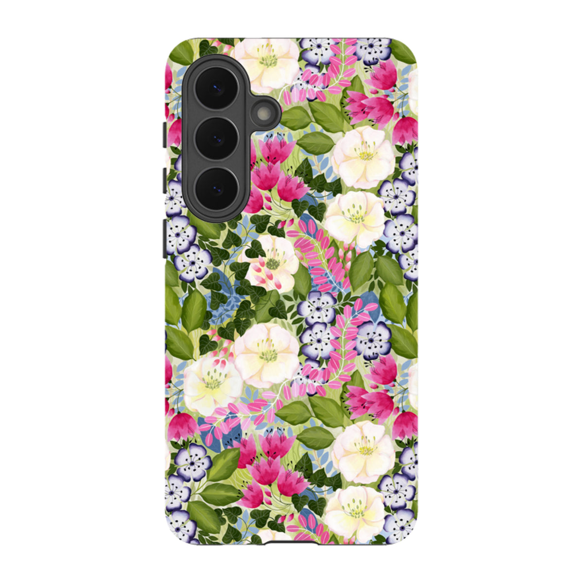 Samsung Tough Case featuring a vibrant pink and white floral pattern by Bex Parkin with a protective dual-layer design.