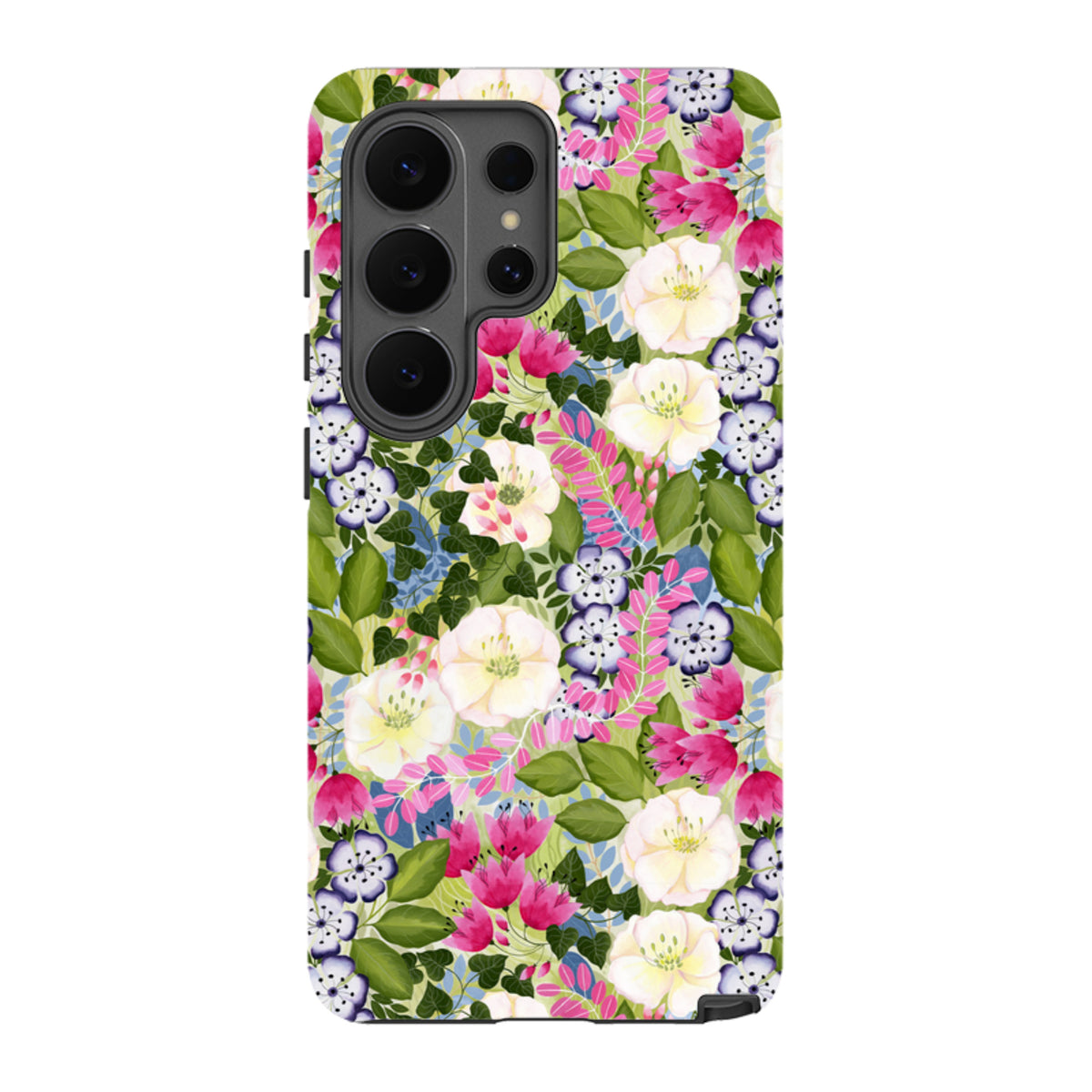 Samsung Tough Case featuring a vibrant pink and white floral pattern by Bex Parkin with dual-layer protective design.