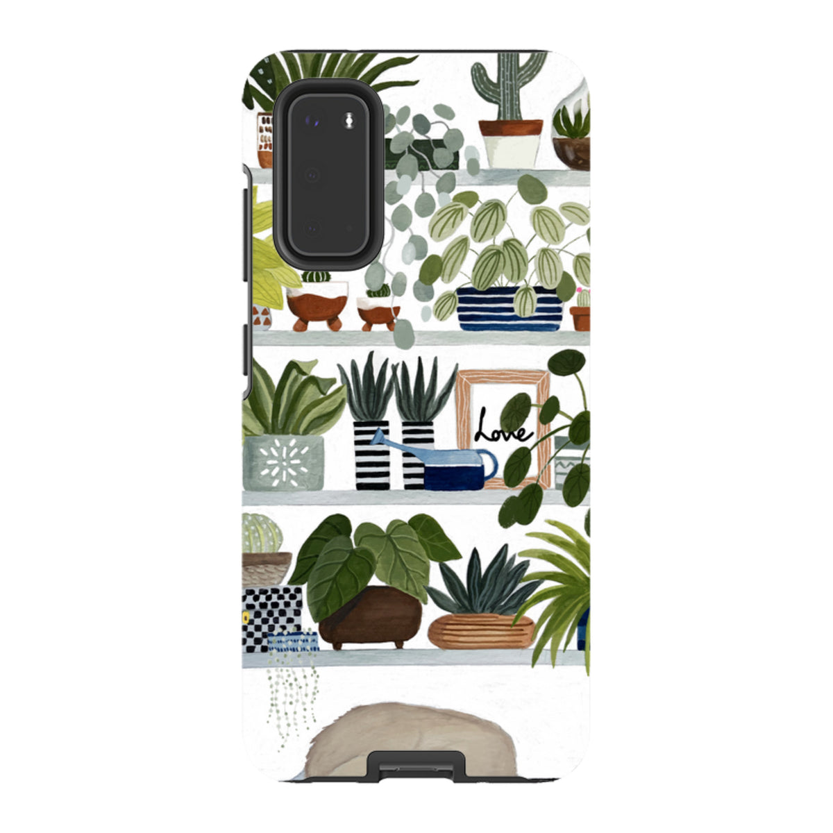 Samsung tough phone case featuring a colorful plant shelf illustration with various potted plants, cacti, and a watering can.