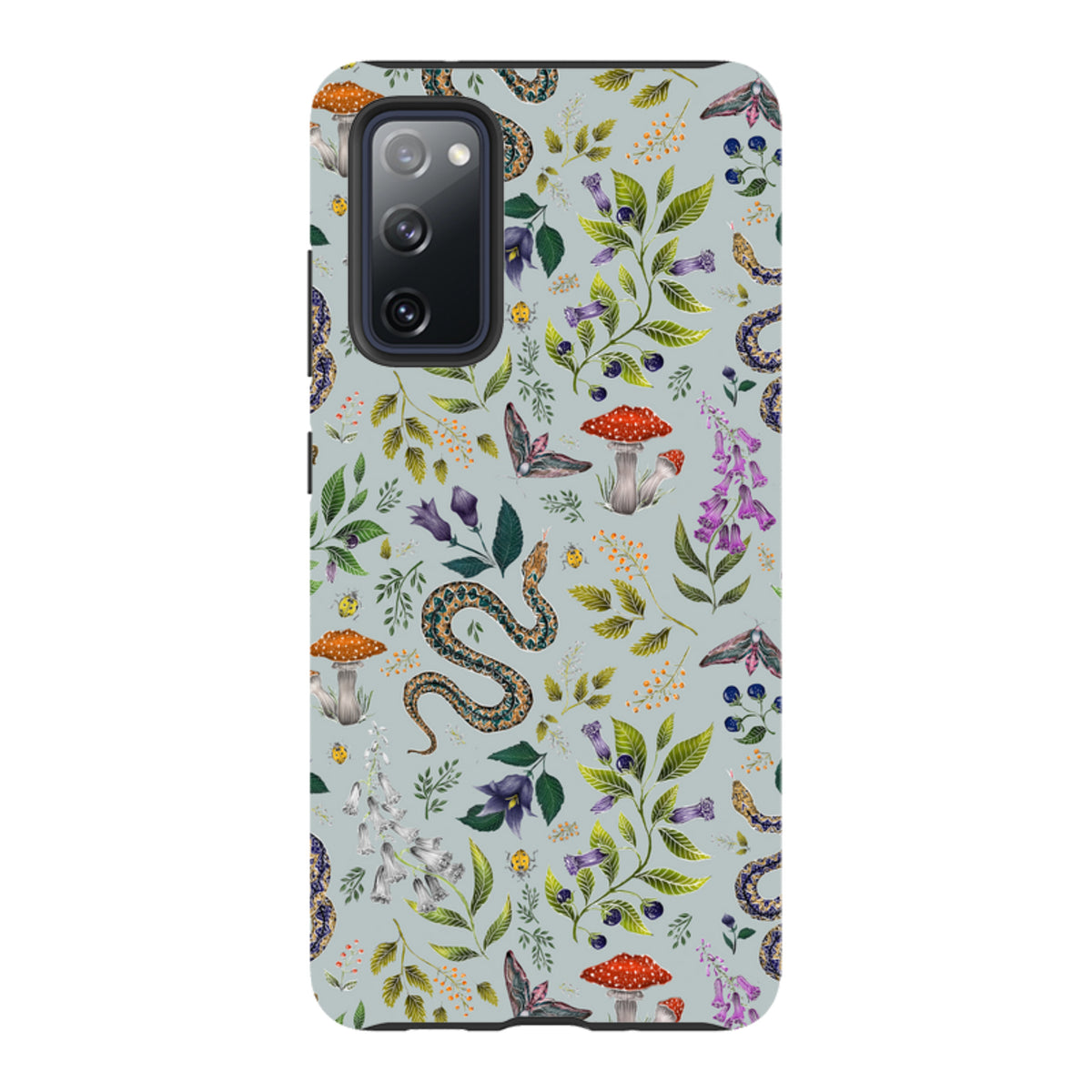 Samsung Tough Case featuring Catherine Rowe’s Poisonous 2 botanical snake, mushroom, and floral print on light blue.