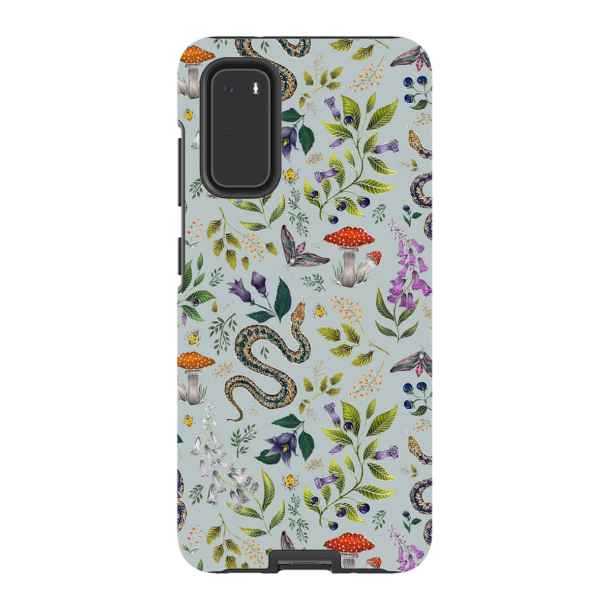 Samsung Tough Case featuring Catherine Rowe's Poisonous 2 botanical snake and mushroom pattern on a light blue background.