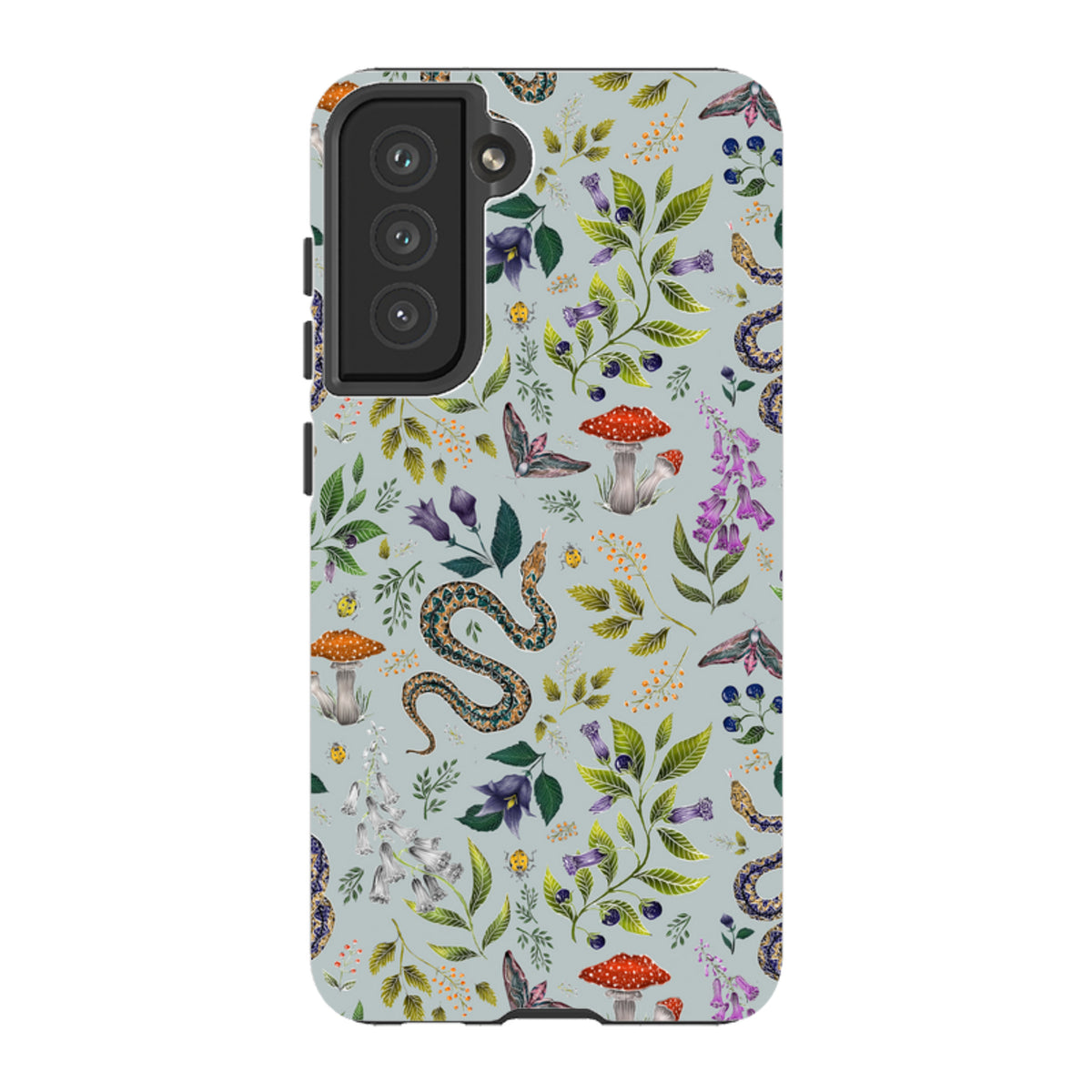 Samsung Tough Case featuring a botanical snake and mushroom pattern on a light blue background with dual-layer protection.