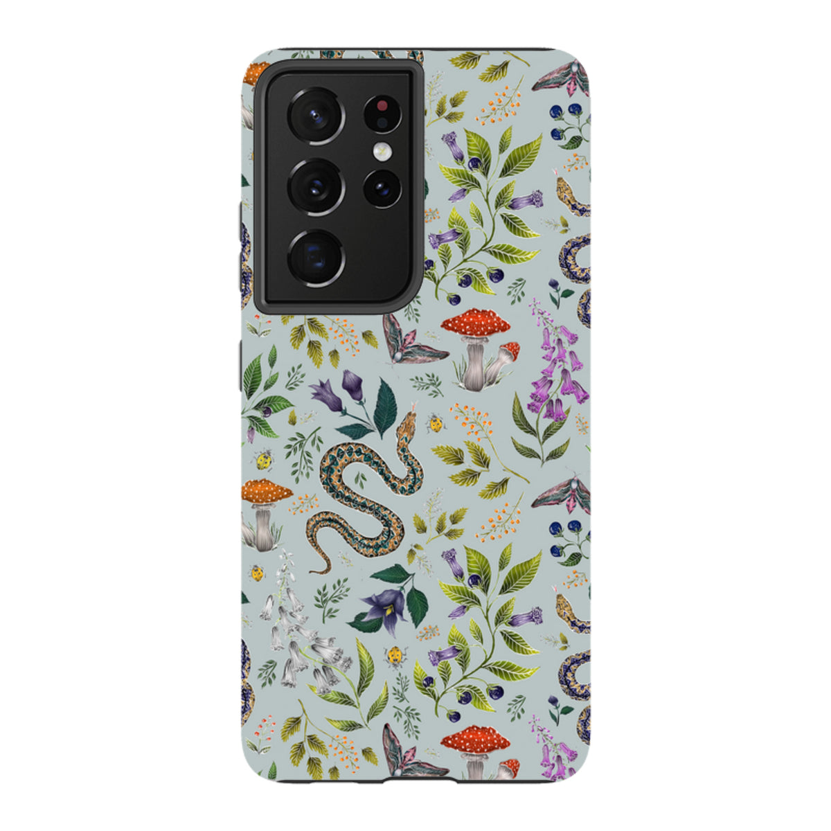 Samsung Tough Case featuring Catherine Rowe’s Poisonous 2 snake, mushroom, and botanical print on a light blue background.
