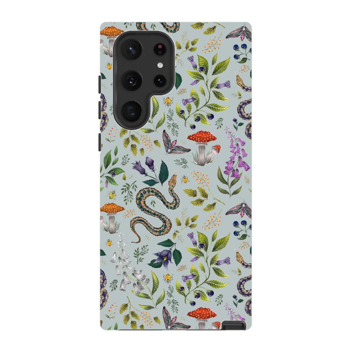 Samsung Tough Case featuring Catherine Rowe’s Poisonous 2 botanical snake and mushroom print on a light blue background.