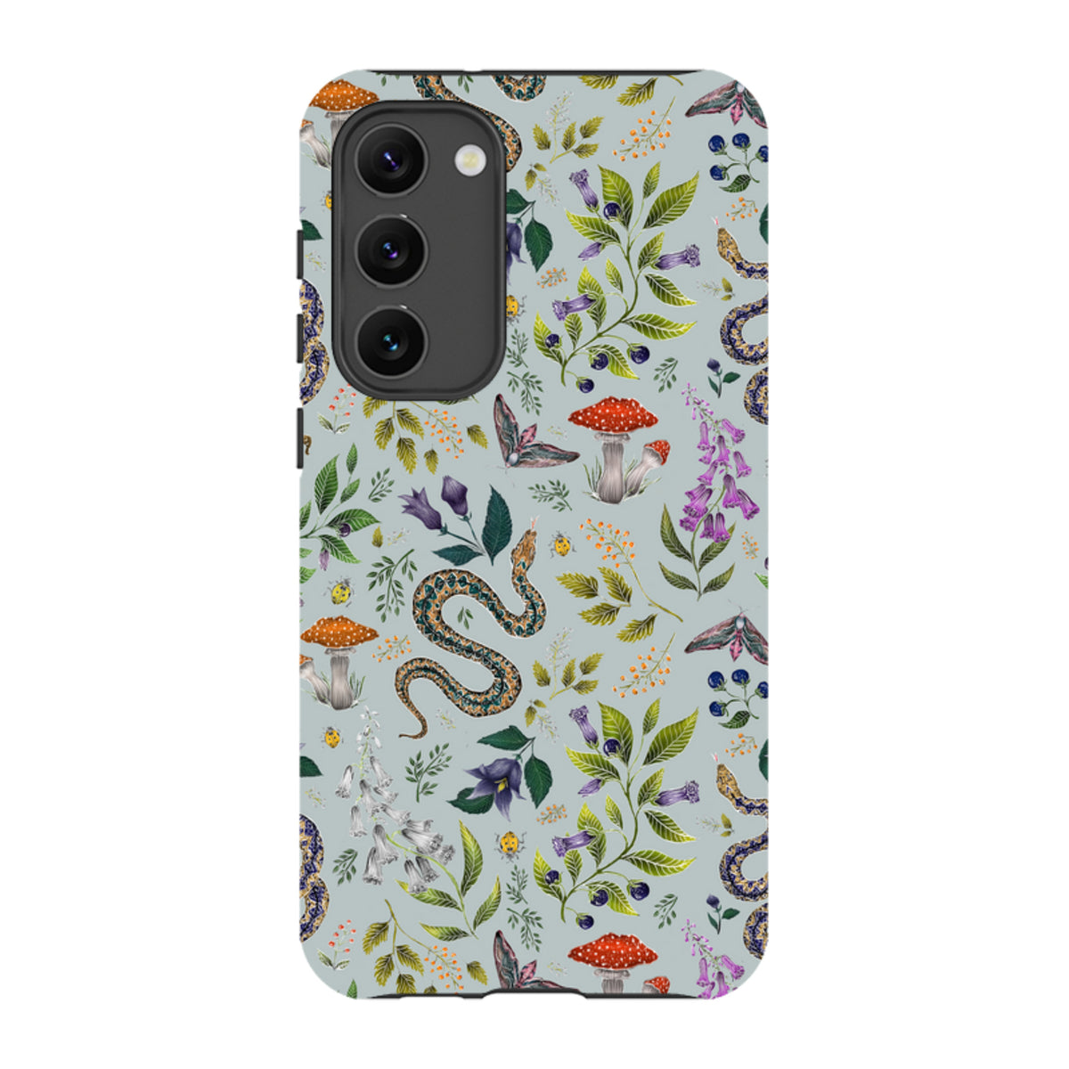 Samsung Tough Case featuring a botanical pattern of snakes, red mushrooms, and purple flowers on a light blue background.