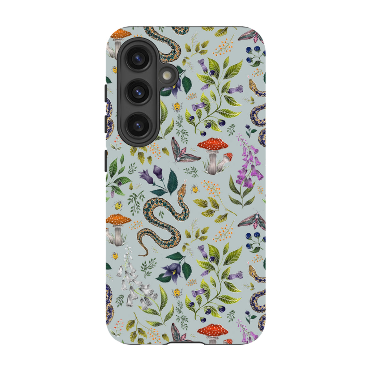 Samsung Tough Case featuring a light blue botanical pattern with snakes, red mushrooms, moths, and purple flowers.