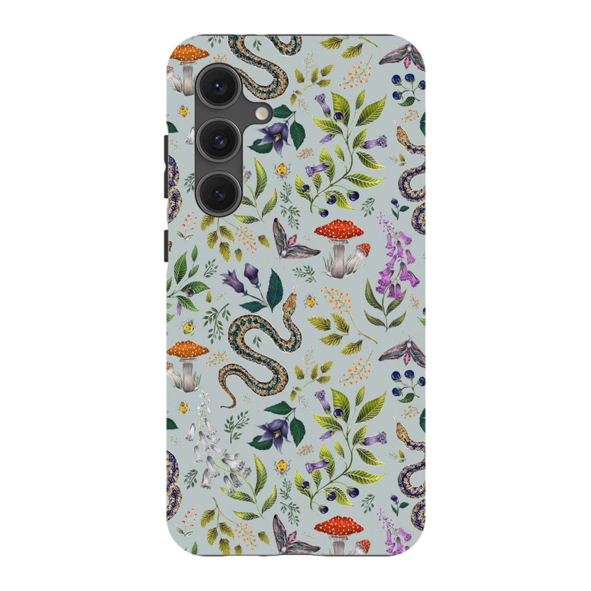 Samsung Tough Case featuring a botanical pattern of snakes, mushrooms, and moths on a light blue background.