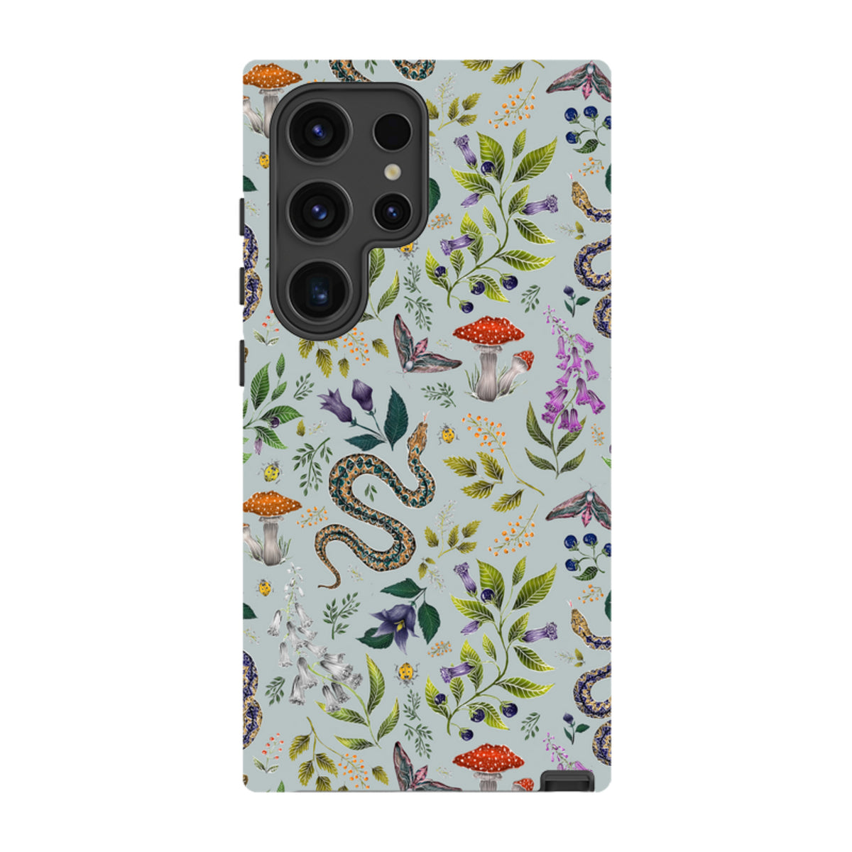 Samsung Tough Case featuring Catherine Rowe’s Poisonous 2 botanical snake and mushroom art on a light blue background.