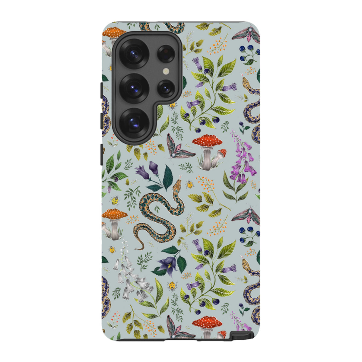 Samsung Tough Case featuring Catherine Rowe’s Poisonous 2 botanical snake and mushroom print on a light blue background.