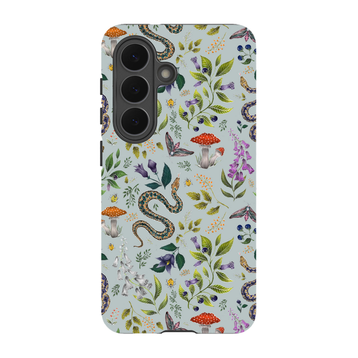 Samsung Tough Case featuring Catherine Rowe’s Poisonous 2 botanical snake and mushroom art on a light blue background.