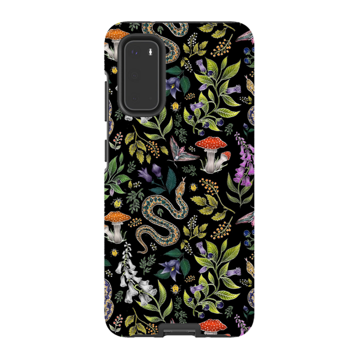 Samsung tough phone case featuring a black background with a botanical pattern of snakes, mushrooms, and colorful flowers.