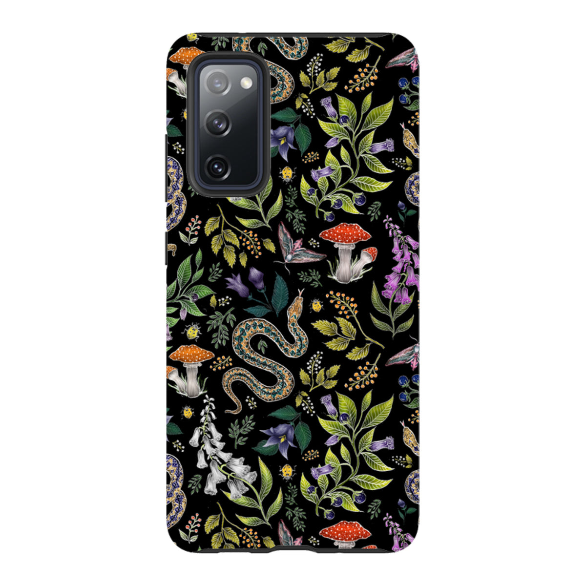 Samsung tough phone case featuring a black background with a botanical snake, mushroom, and floral pattern.