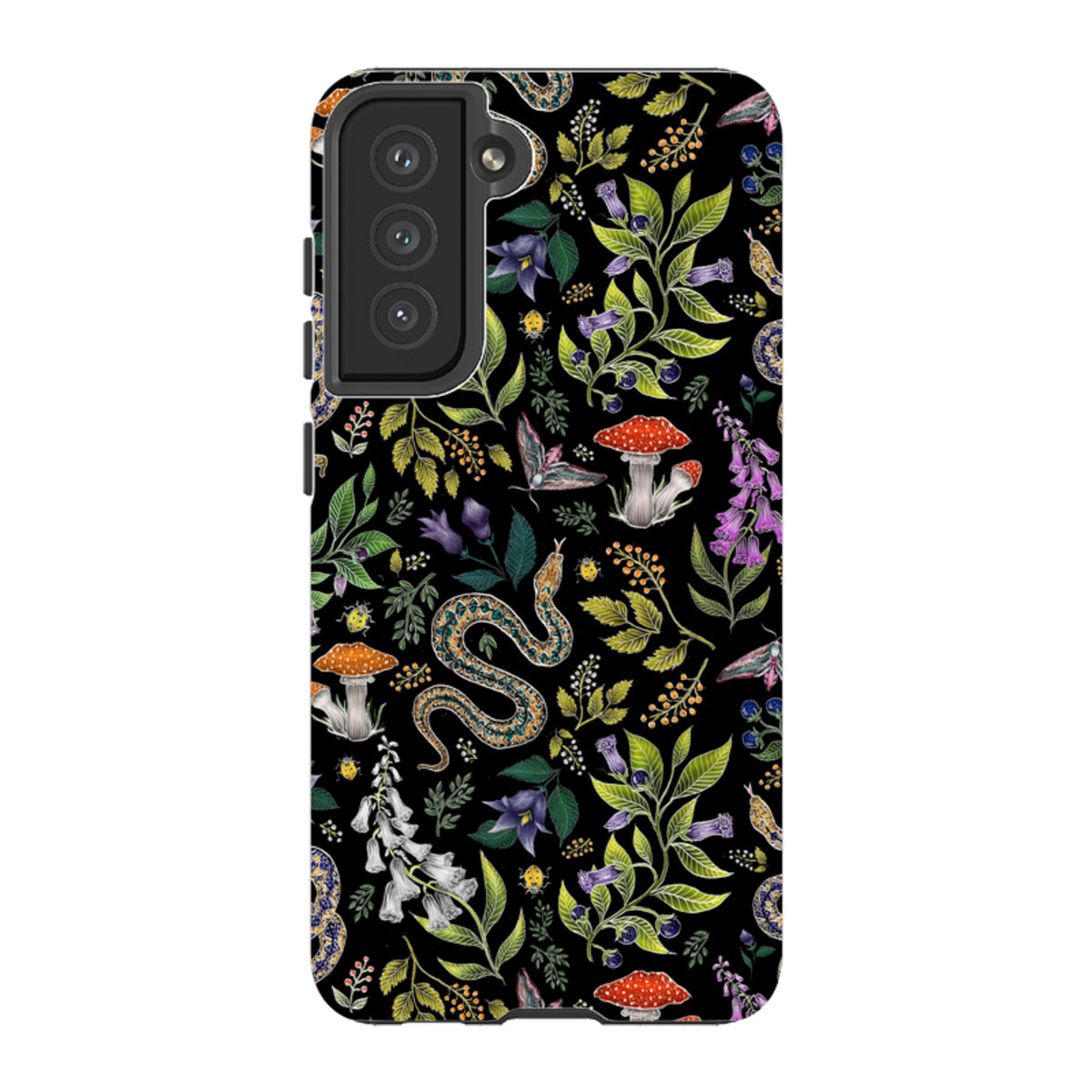Samsung Tough Case featuring a black background with a colorful snake, mushroom, and botanical illustration pattern.
